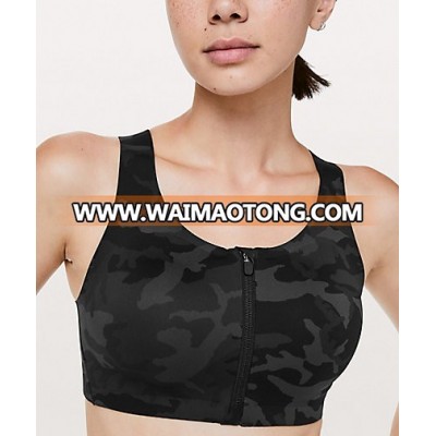 New stylish camo prints zip front high support sports bra women